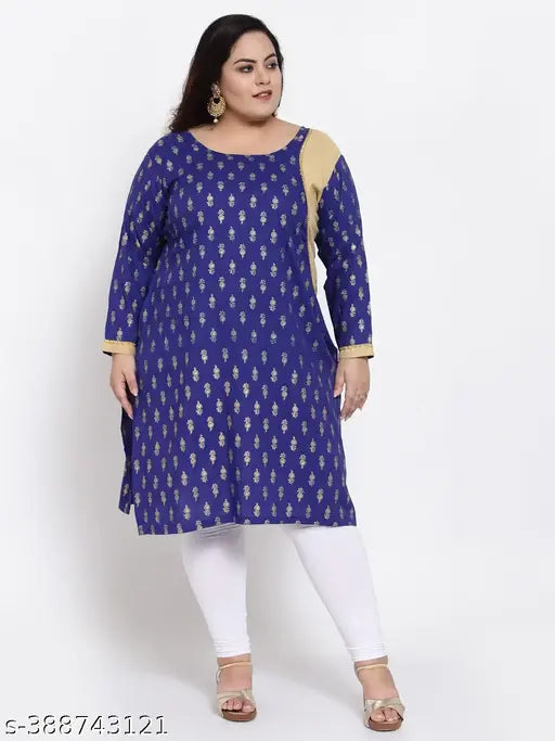 FAZZN Plus Size and Blue A-Line Knee Length Rayon Kurti with Round Neck and Screen Printed / Foil Print Three Quarter Sleeves