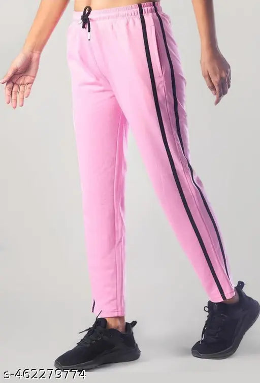 London Hills Women's Cotton Blend Regular Fit Joggers Track Pants for Women Striped Trackpants Women Joggers..PINK.. BY- CHINKI-MINKI