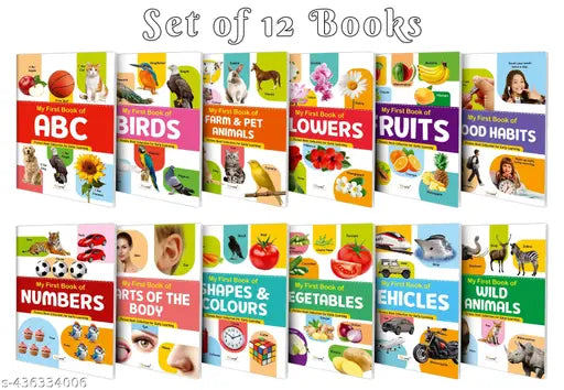 My First Picture Book Collection For Early Learning With 12 Topics (Waterproof Dust-Resistant Big Fonts Laminated Realistic Pictures) - Gift Set For Kids