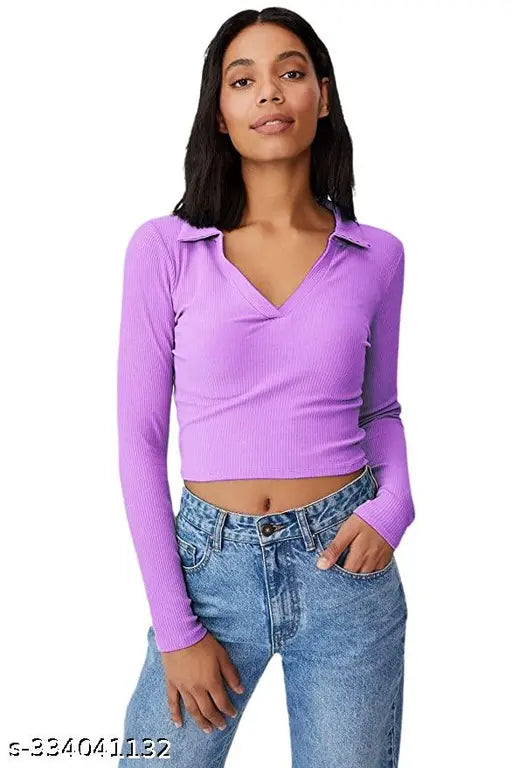 Women Sleveeless Polo Collar Ribbed Full Sleeve Solid Cotton Crop Tops & Tunics