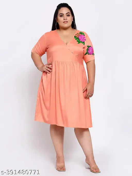 FAZZN Plus Size Customizable Knee-Length V-Neck Rayon Dress in Peach