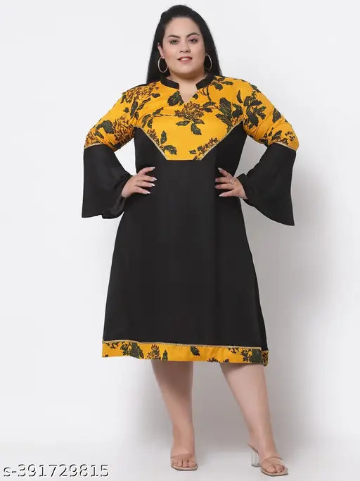 FAZZN Plus Size Customizable Knee-Length V Neck Flared Full Sleeves Screen Printed Rayon Dress in Black