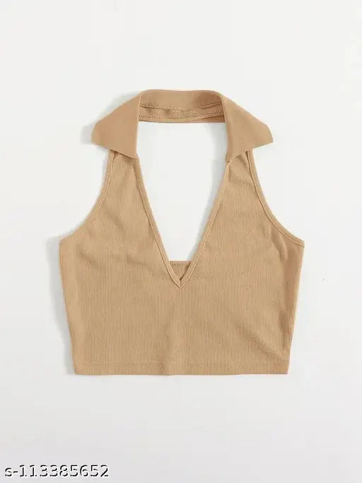 Women Sleveeless Polo Collar Ribbed Solid Crop Tops & Tunics