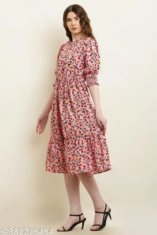 Women's Flroal Crepe Tiered & Smocked Maxi Dress Fit & Flared V Neck 3/4 Puff Sleeve Summer Wear One Piece Girls Dress Western Party Casual Wear Outfits for Ladies