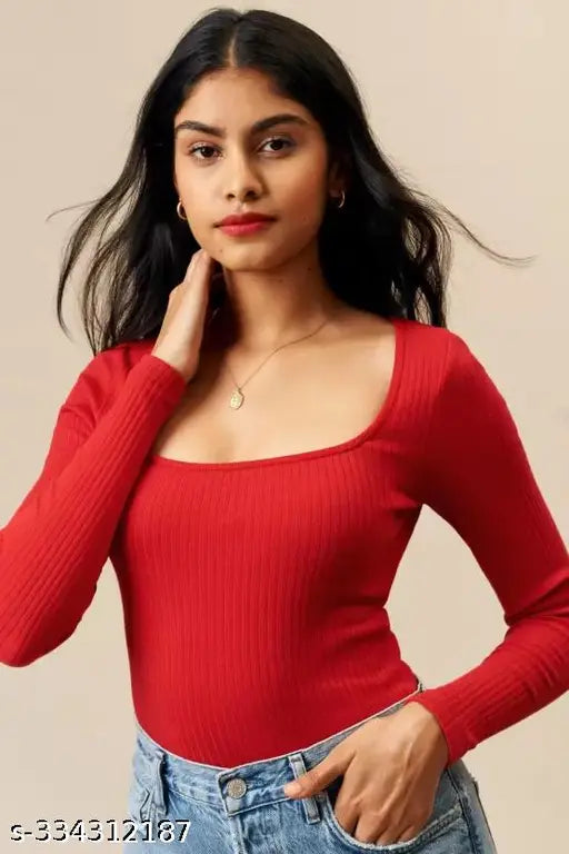 Women Casual Wear Deep Round Neck Full Sleeve Cotton Blend Ribbed Top for women and girls