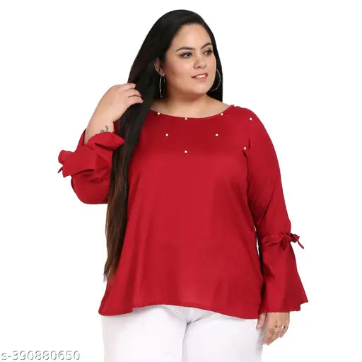 FAZZN Plus Size Versatile Maroon Round Neck Full Sleeves Rayon Top