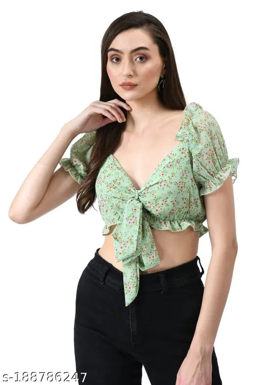 Trendy Fashionista green Women Crop Tops & Tunics and Women’s and Girls/Ladies Wrap Around Tops Beach wear Tunic Top V Neck Silk Casual Sleeve Printed Top