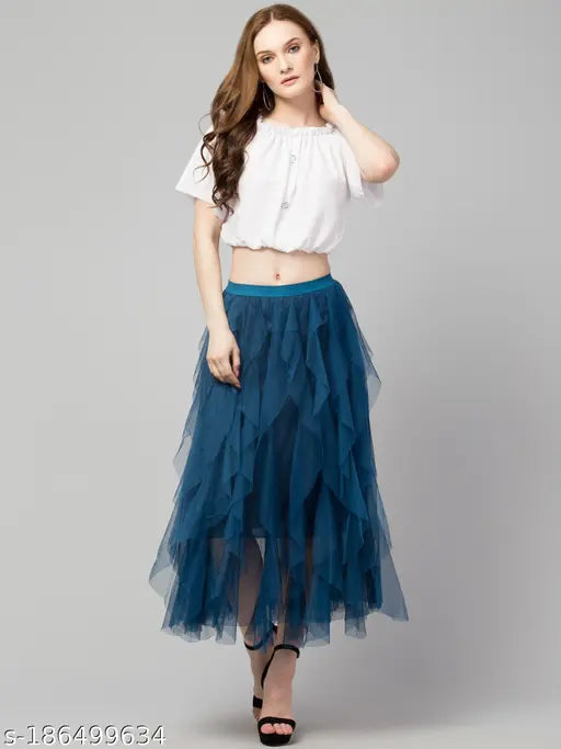 Women Flared Solid Mesh Skirt