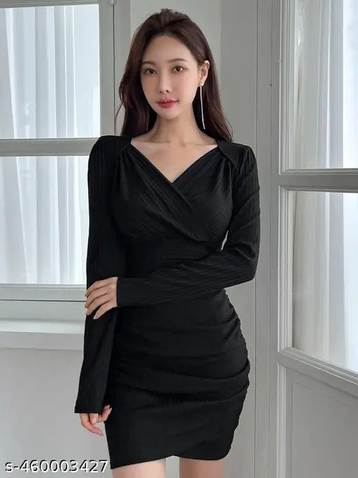 Ribbed Midi Dresses for Women V Neck Clothes Long Sleeve Ruffles Bodycon Dresses Autumn..BLACK. BY- CHINKI-MINKI