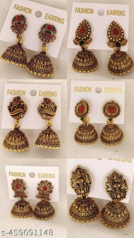 Gold Plated Jhumkas Set (Pack of 6) -Indian Earrings Festive Earrings Traditional Kundan jhumkas Designer Jhumkas