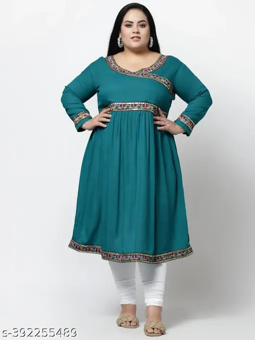 FAZZN Plus Size Rayon Firozi Angrakha Kurti in Calf Length