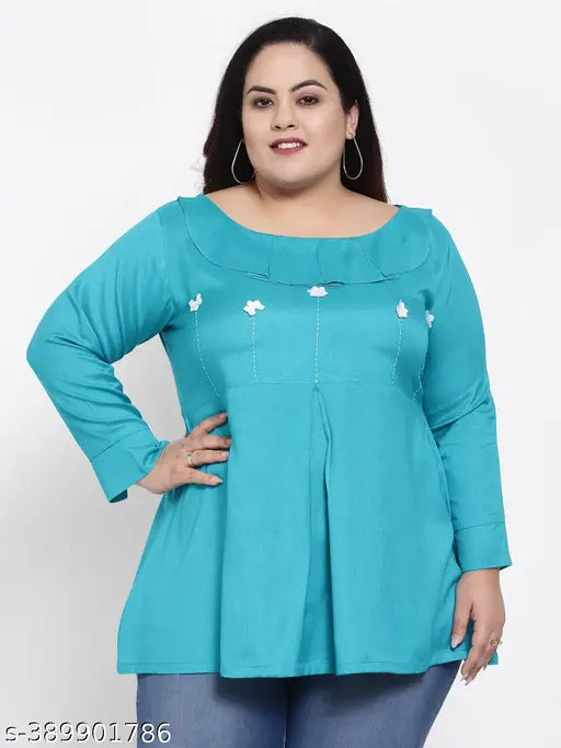 FAZZN Plus-Size Customizable Boat Neck Full Sleeves Blue Rayon Top