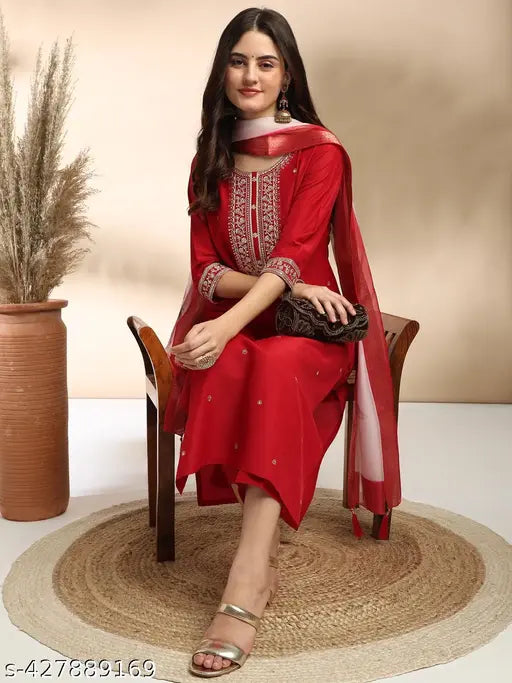 Women's Embroidered Kurta & Pant with Dupatta Set