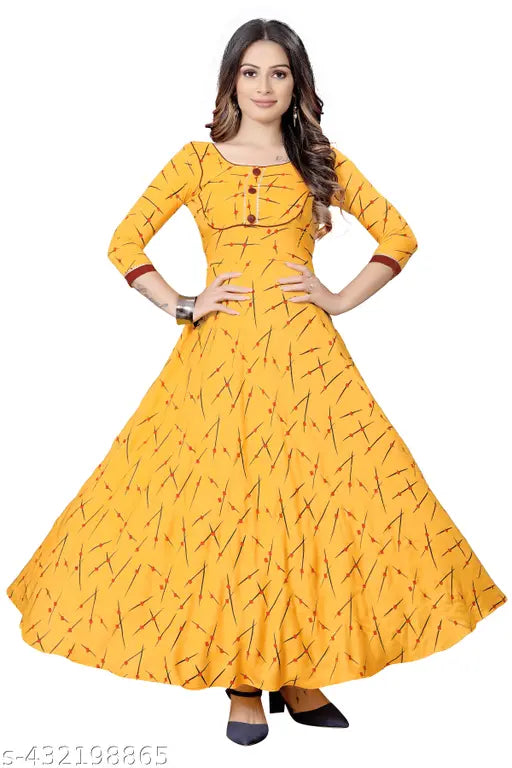 Ashima Designer Yellow Color Leheriya Print Round Neck Premium Rayon Anarkali Flared Gown