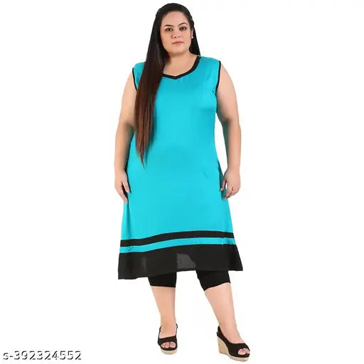 FAZZN Plus Size Customizable Knee Length Solid Blue Rayon Kurti