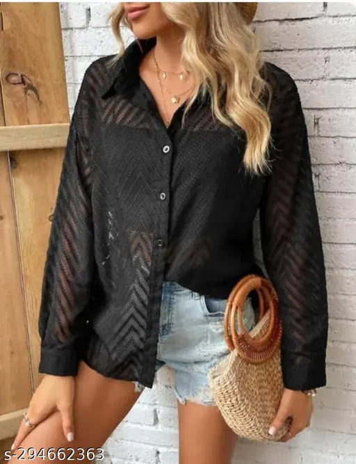 Stylish Zigzag Chiffon Shirt for Women / Designer Black Full Sleeve Shirt for Women
