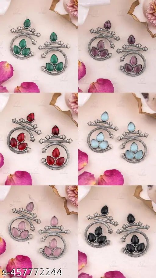 Oxidised Silver Plated Earrings (Pack of 6) - Stone Earrings for Women
