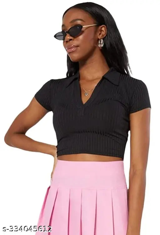Women Casual Wear Polo Collar Neck Half Sleeve Cotton Blend Ribbed Top for girls and women