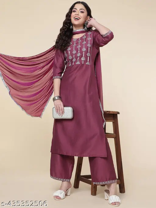 Women's Embroidered Kurta and Palazzo with Dupatta Set
