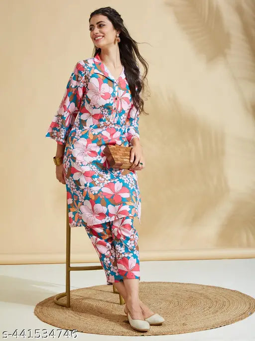 Women's Cotton Printed Kurta with Pant Co-ords Set
