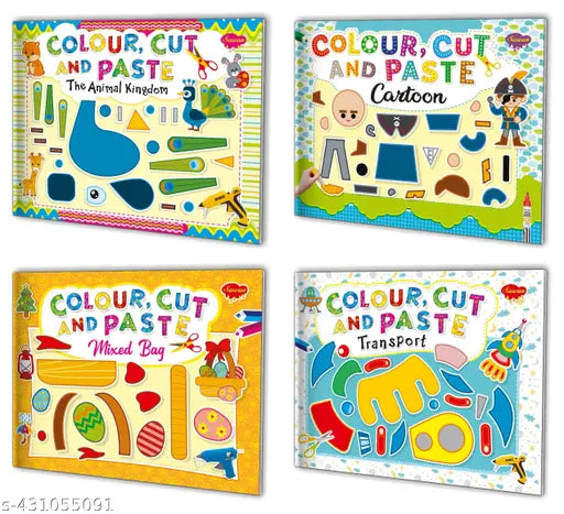 The Animal Kingdom Cartoon Mixed-Bag and Transport books : Colour and paste books Kids activity books Children activity books - Set of 4 cut and paste books for kids (Paperback)