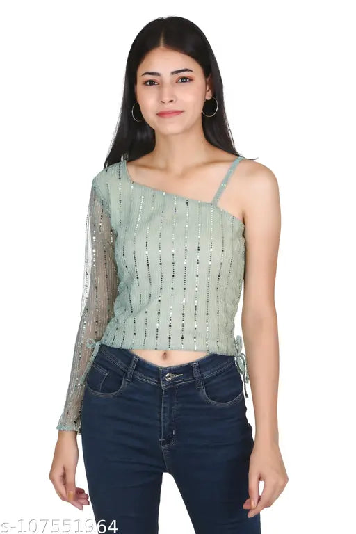 Women Girls One Shoulder Drawstrings Strappy Blouson Top