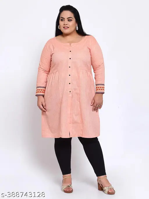 FAZZN Plus Size and Pink Cotton Knee Length Front Slit Round Neck Full Sleeve Kurti