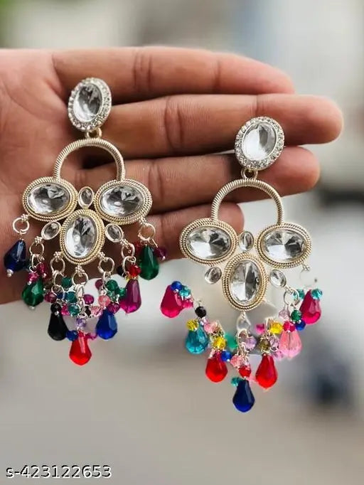 Stone-Studded Pearl Dangler Earrings