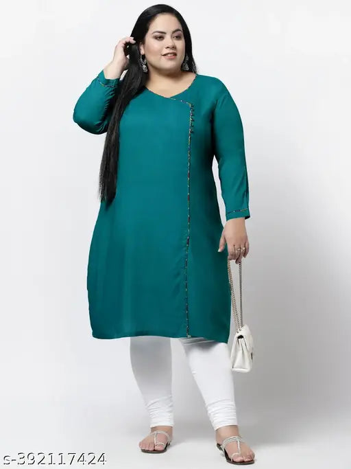 FAZZN Plus Size Firozi Rayon Solid Angrakha Kurti with Customization