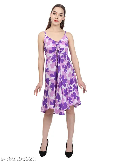 Nature Craft Women Purple Crepe stripe shoulder Floral Print A-Line Dress