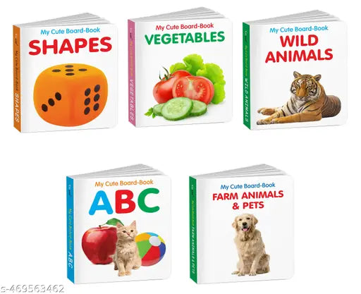 My Cute Board Book ABC Vegetables Wild Animals Farm Animals & Pets and Shapes : All-in-one learning board book Picture books for young children Baby board books collection - Pack of 5 Books for Kids