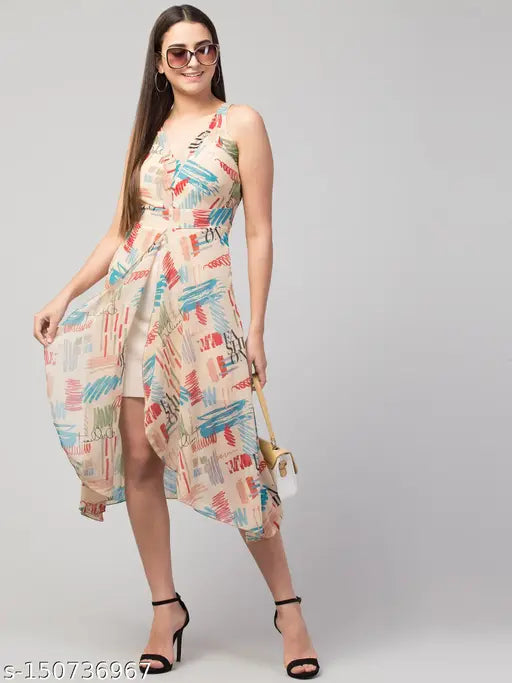 Women Printed Sleeveless Georgette Front Slit knee length Dress