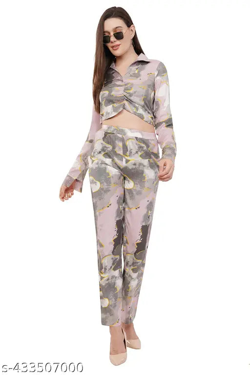 Avyola Women Stylish Cotton Blend Korean Abstract Printed Waist Tie-Up Regular Top and Bottom Co-ord Set With Front Pockets For Beach And Summer Occasions Casual And Party Wear