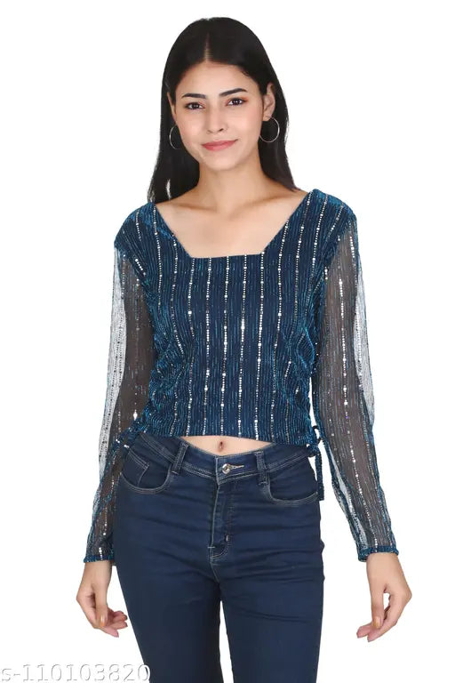 Women Drawstring Solid Shimmer Top