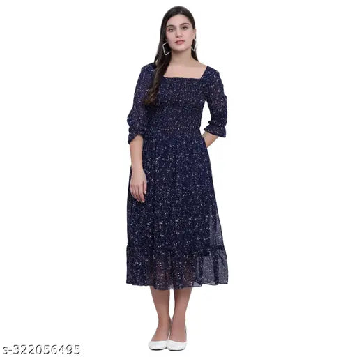 Nature Craft Navy Blue Georgette Floral Printed Women Maxi Dress
