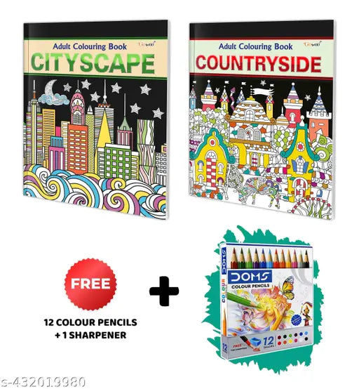 Cityscape and Countryside - Adult Colouring Book with 12 Colour Pencils + 1 Sharpener : Creative Coloring for Adults Adult Coloring Pages Peaceful Coloring Book - Pack of 2 Adult colouring books