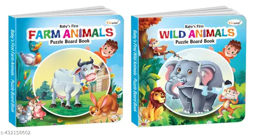 Baby's First Farm Animals and Wild Animals Puzzle Board Book : Kids board book Puzzle activity board book Learning board book for young kids Self-Correcting Puzzle Book - Pack of 2 Puzzle board books