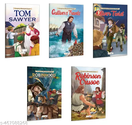 Best of Children's Classic : Gulliver's Travels Oliver Twist Robin Hood Robinson Crusoe and The Adventures of Tom Sawyer - Classic story book Kids educational books - Pack of 5 books