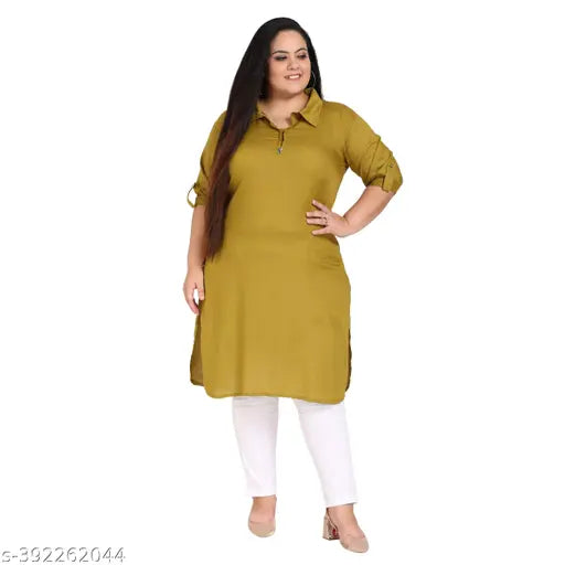 FAZZN Plus Size Green Rayon Collared Solid Kurti