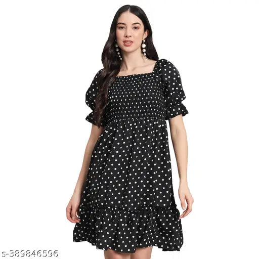 Nature Craft Black Fancy Polka Dot Crepe Half sleeve Dress