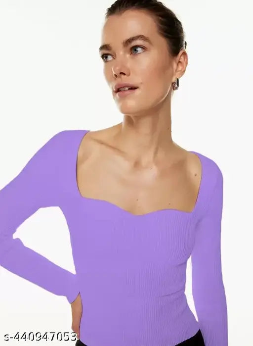 Heart Neckline Rib Top Long Sleeves