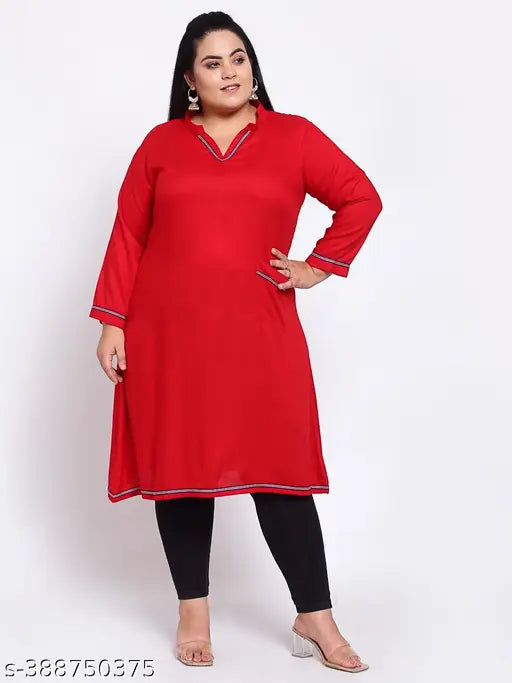 FAZZN Plus Size Red Rayon Knee Length Straight V Neck Kurti with Full Sleeves