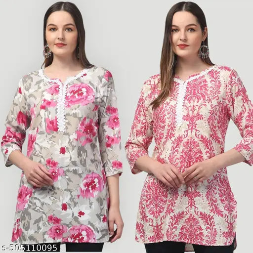 Women printed multicolou rayon embroded short kurti pack of 2