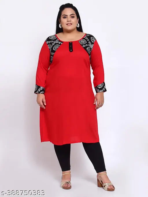 FAZZN Plus Size and Red Rayon Knee Length Straight Boat Neck Full Sleeve Kurti