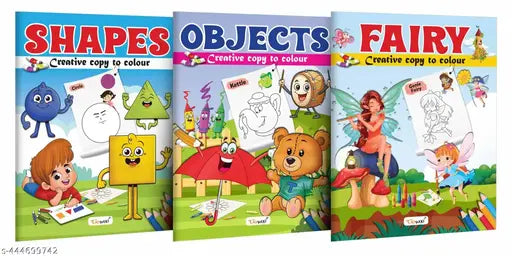 Shapes Objects and Fairy - Creative Copy to Colour book : Educational Colouring Book for Children Copy to Colour Book Toddlers Colouring book for Ages 3-12 - Pack of 3 Copy Colouring books