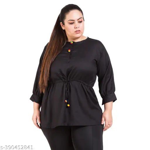 FAZZN Plus Size Black Round Neck Three Quarter Sleeves Rayon Top