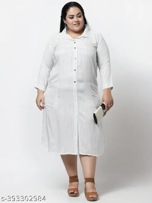 FAZZN Plus Size White Striped Rayon Knee Length Collared Dress with Full Sleeves