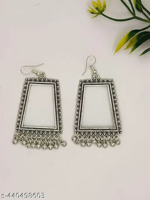 New Trending Trapezium Jhumka Earrings With Gungroo Hangings - Silver (1 Pair) - Women Jhumka