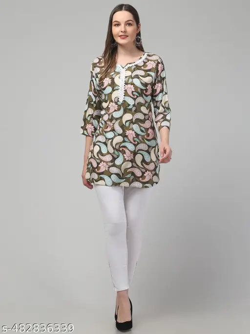 Women printed laces 3/4 sleeve rayon short kurti