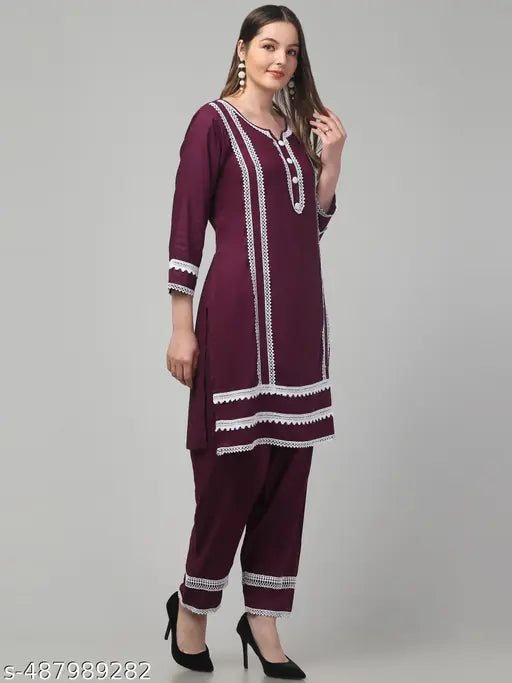 Women solid 3/4 sleeve lace long kurta with pants set